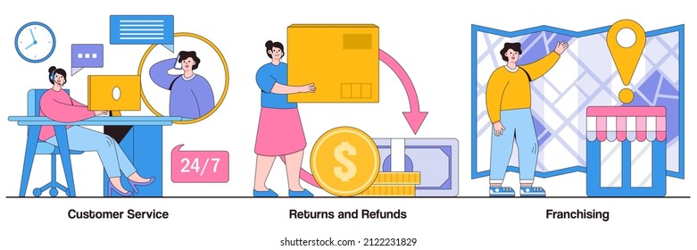 Customer service, returns and refunds, franchising concept with people character. Retail market abstract vector illustration set. Website live chat, user experience, online shopping, return goods.