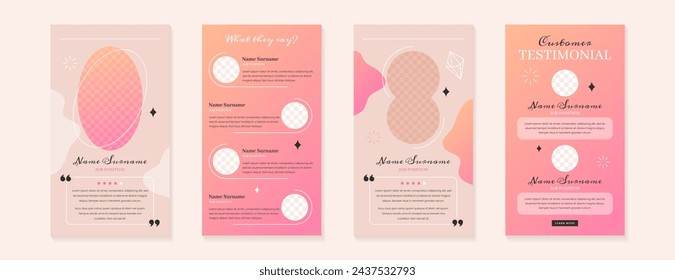 Customer service review or feedback story template design. Vector set of pastel testimonial posts of product for social media. Web banners of client satisfaction with stars rating and short quotes.