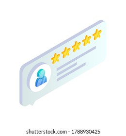 Customer service review, product rate feedback isometric icon. Rating speech bubble with gold stars, user icon isolated on white. Reputation and quality vector illustration for web, infographics, app.