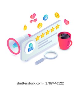 Customer service review, product rate feedback isometric concept. 3d Rating speech bubble with gold stars and user icon, loudspeaker, coffee isolated. Reputation vector illustration for web, app.