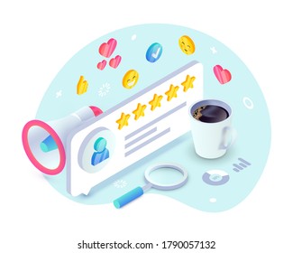 Customer service review, product rate feedback isometric concept. 3d Rating speech bubble with gold stars and user icon, loudspeaker, coffee. Trendy vector illustration for web site, presentation, app