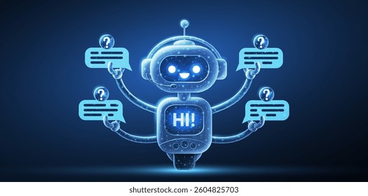 Customer service robot on blue. Chatbot assistant, AI bot, digital technology, virtual messenger, virtual support, voice call, artificial intelligence, talk center, robot chat concept