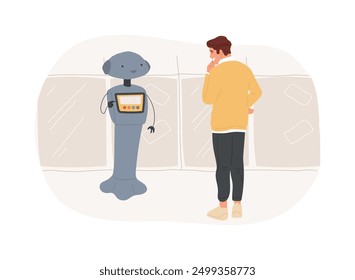 Servicio al cliente robots aislados Ilustraciones vectoriales de dibujos animados. Persona que interactúa con el robot digital, tecnología moderna, innovación del sector de servicios, Cliente profesional ayuda Vector de dibujos animados.