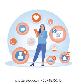 Customer service satisfaction assessment concept. A woman with various social media notifications. Online Survey concept. Flat vector illustration.