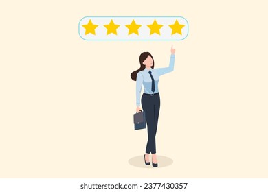 Customer service and Satisfaction, business Woman hand showing on five star, ,business woman giving Feedback satisfaction, five stars Positive Review. business vector illustration.