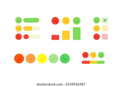 Conjunto de escala de calificación de satisfacción de Servicio al cliente. Evaluación, revisión, Comentarios, comunicación, comentario, concepto de calidad. Ilustración aislada de diseño de Vector plano.