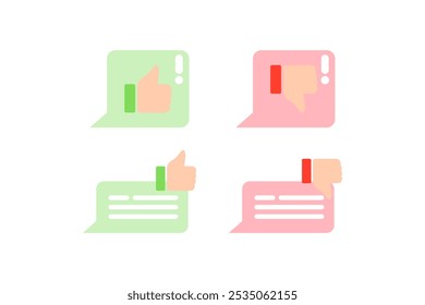 Kundenservice Zufriedenheit Daumen nach oben Sprechblase. Zufrieden und unzufrieden. Bewertung, Review, Feedback, Kommunikation, Kommentar, Qualitätskonzept. Flaches Vektordesign, einzelne Illustration.