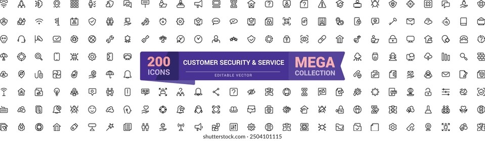 Conjunto de iconos de línea de Servicio al cliente y seguridad. Mega colección de icono relacionado con el Cliente. Colección de símbolos de contorno. Trazo editable. Ilustración vectorial.