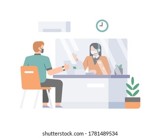 A customer service is serving the customers separated by a boundary glass to appliying safety health protocols vector illustration