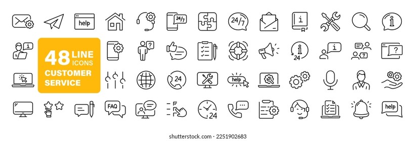 Customer service set of web icons in line style. Help and support. Support and service icons for web and mobile app. Online help, assistance, customer, 24 hrs, service and more. Vector illustration