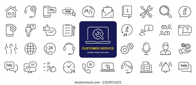 Customer service set of web icons in line style. Help and support. Support and service icons for web and mobile app. Online help, assistance, customer, 24 hrs, service and more. Vector illustration