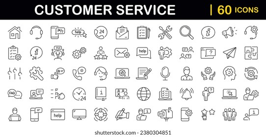 Conjunto de iconos web de servicio al cliente en estilo de línea. Ayuda y soporte técnico. Iconos de soporte y servicio para aplicaciones web y móviles. Ayuda en línea, asistencia, cliente, 24 horas, servicio y más. Ilustración del vector