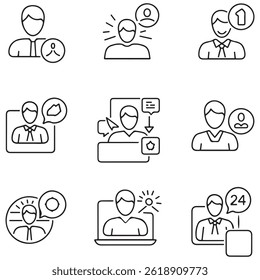 Kundenservice Satz von Web-Icons in Linie schwarz Stil. Hilfe und Support. Support- und Service-Symbole für Web- und mobile Apps. Online-Hilfe, Unterstützung, Kunde, 24 Stunden, Service und mehr. Vektorgrafik