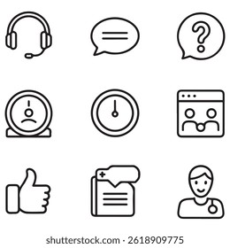 Servicio al cliente conjunto de iconos web en línea estilo negro. Ayuda y Asistencia. Iconos de Asistencia y servicio para Web y App móvil. Ayuda en línea, asistencia, Cliente, 24 horas, servicio y más. Vector