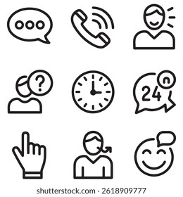 Servicio al cliente conjunto de iconos web en línea estilo negro. Ayuda y Asistencia. Iconos de Asistencia y servicio para Web y App móvil. Ayuda en línea, asistencia, Cliente, 24 horas, servicio y más. Vector
