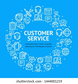 Customer Service Signs Round Design Template Thin Line Icon Banner Concept Include of Chat and Phone. Vector illustration