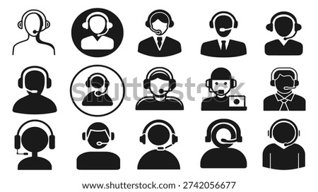 Customer service silhouette icon set in vector style showing call center agents, headsets, communication, and support symbols for business, corporate, and digital templates. EPS Vector.