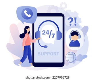 Customer service in smartphone app. Call center. Online support 24-7 concept. Hotline operator in headset consults client. Modern flat cartoon style. Vector illustration on white background