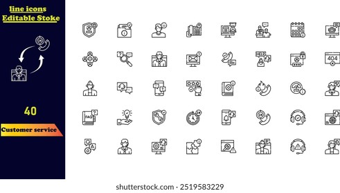 Customer service stroke icon set, featuring icons for customer satisfaction, assistance, experience, feedback, operators, and technical support.
