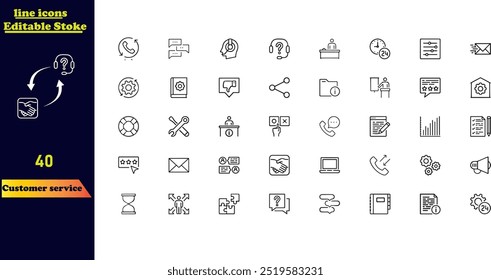 Conjunto de iconos de trazo de Servicio al cliente, con iconos para la satisfacción del Cliente, asistencia, experiencia, Comentarios, operadores y Asistencia técnica.