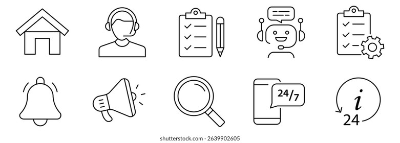 Customer service and support 10 outline icons collection. Support and service icons for web and mobile app. Online help, assistance, customer, 24 hrs, service and more. Vector illustration.
