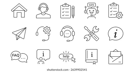 Customer service and support 15 outline icons collection. Support and service icons for web and mobile app. Online help, assistance, customer, 24 hrs, service and more. Vector illustration.