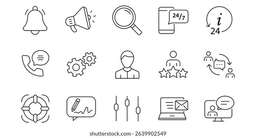 Customer service and support 15 outline icons collection. Support and service icons for web and mobile app. Online help, assistance, customer, 24 hrs, service and more. Vector illustration.