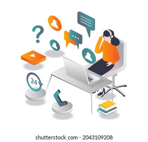 Customer service support 24 hours in isometric illustration