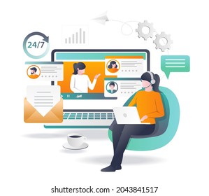 Customer service support 24 hours in flat illustration