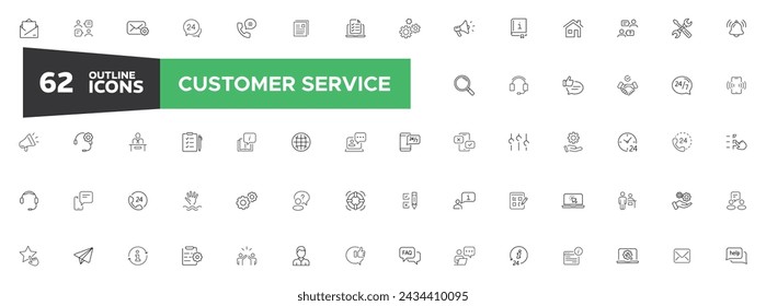 Customer Service and Support 62 icons. Customer service icon set. Support icon set. Online Help, Helpdesk, Feedback, Quick, Operator and support, Vector illustration