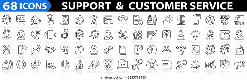 Customer Service and Support 68 icons. Customer service icon set. Support icon set. Online Help, Helpdesk, Feedback, Quick, Operator and Technical support, Response and more.Outline Icon. 