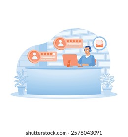 Customer service. Customer support agent working at a desk with communication icons and user feedback display. Customer Satisfaction concept. Flat vector illustration.