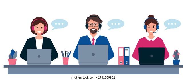 Customer service, support or call center concept. Young man and women with headphones, microphone and computer. Vector illustration.