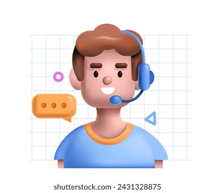 Servicio al cliente, soporte, concepto de centro de llamadas. El avatar del operador con auriculares, micrófono hablando y charlando con el cliente. Carácter realista 3d. Ilustración de vector 