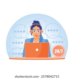 Customer service, support, or call center. A woman wears a headset and works 24 hours in a call center. Customer Service Representative concept. Flat vector illustration.