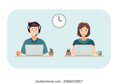 Customer service, support service, call center, virtual telephony. Online support center with man and laptop. Flat vector illustration.