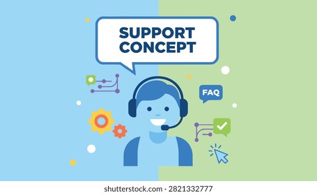 Customer service support concept banner featuring a friendly support operator illustration on a dual color background.