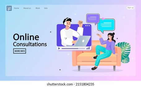 Customer service support concept. businessman using a computer with a female call center. operator of the help center on the screen. Online user or client support centre. Work, job, hotline Vector.