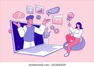 Customer service support concept. businessman using a computer with a female call center. operator of the help center on the screen. Online user or client support centre. Work, job, hotline Vector.