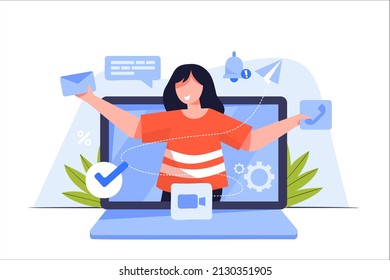 Servicio al cliente y concepto de asistencia. Centro de atención al cliente. Servicio de asistentes personales, asesoramiento personal y servicios de asesoramiento útiles. Ilustración vectorial de dibujos animados planos.