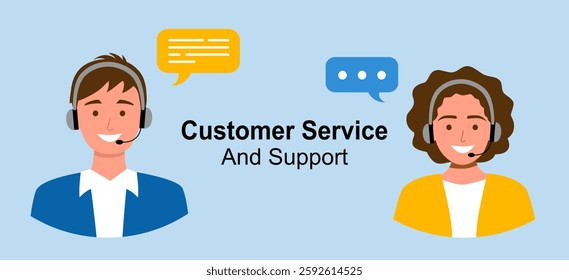 Customer service and support concept. Call center. Online support center with person in headset with bubbles.
