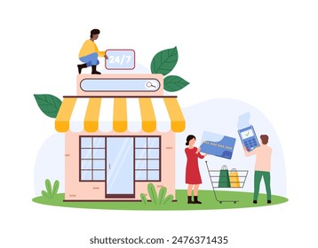 Customer service, support and consulting advice in online store open always, around clock and every day. Tiny people pay with credit card for purchases in shopping bags cartoon vector illustration