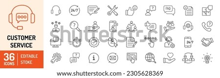 Customer Service and Support editable stroke outline icons set. Support, customer service, assistance, feedback, help, technical support, help desk and customer satisfaction. Vector illustration.