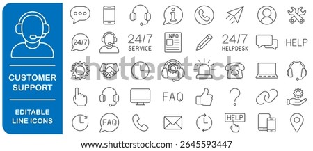 Customer Service and Support Editable stroke line icon set. Outline Icons Collection. Thin Line Set contains Online Help, Helpdesk, Quick Response, Feedback. Vector illustration image. Isolated  
