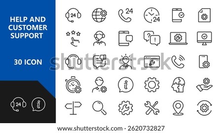 Customer Service and Support. Editorial Icon Collection. Thin Line Set contains such Icons as Online Help, Helpdesk, Quick Response, Feedback and more. Simple web icons set.
