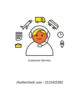 Customer service support icon for logistics. Door to door delivery, in time, truck, rail, air delivery, etc. White with black outline and yellow color. Vector flat illustration