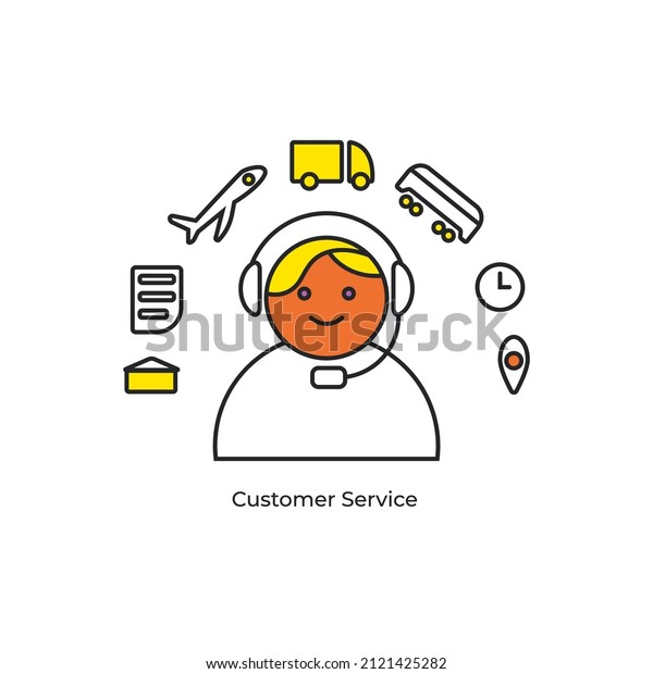 Customer service support\
icon for logistics. Door to door delivery, in time, truck, rail,\
air delivery, etc. White with black outline and yellow color.\
Vector flat\
illustration