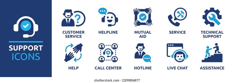 Symbol-Set für Kundenservice und Support. Mit Hilfe, Amtshilfe, Service, technischer Unterstützung, Hilfe, Call Center, Hotline, Live Chat und Hilfe. Sammlung von Vektorsymbol-Illustration.