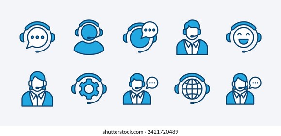 Conjunto de iconos de servicio al cliente y asistencia. Con asistencia, soporte técnico, centro de llamadas, línea directa, operador, personal y comunicación de agente para aplicaciones y sitios web. Ilustración del vector