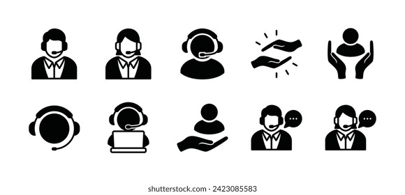 Customer service and support icon set. Containing communication and help instruction for assistance, operator, call center and technical support. Vector illustration